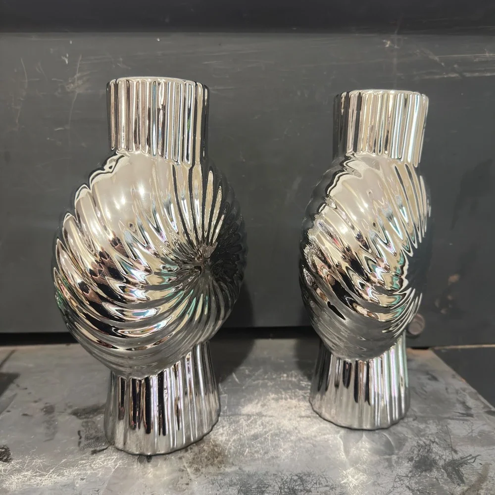 Sculptural Decorative Vase PAIR Modern Chrome Silver Swirl Ribbed Ceramic 9.5